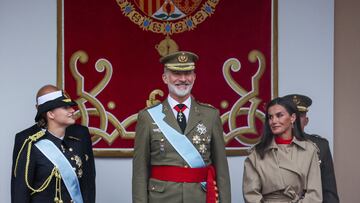 Spain's King Felipe, Queen Letizia and Princess Leonor attend a military parade to mark the country's National Day, in Madrid, Spain, October 12, 2024. REUTERS/Isabel Infantes
