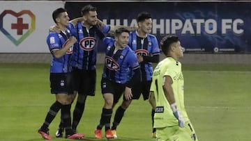 Football, Huachipato vs Palestino
33th date, 2020 National Championship.
Huachipatoâs player Juan Sanchez Sotelo, center, celebrates with teammates after scoring against Palestino during the first division match held at the CAP stadium in Talc
