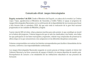 Comunicado del Ministerio del Deporte sobre los Juegos Intercolegiados 2024.