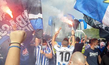 Real Sociedad fans cheer the team on their way down to Seville for the Copa del Rey final.
