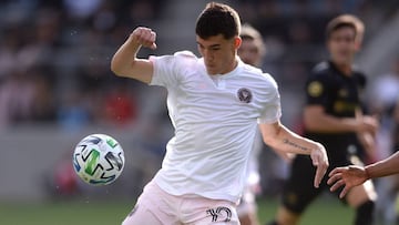 Mar 1, 2020; Los Angeles, CA, USA; Inter Miami CF forward Robbie Robinson (19) controls the ball while defended by Los Angeles FC defender Eddie Segura (R) during the first half at Banc of California Stadium. Mandatory Credit: Orlando Ramirez-USA TODAY Sports