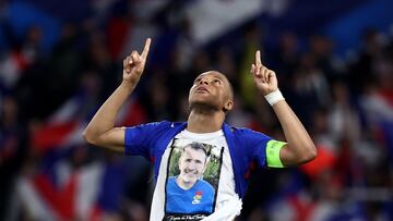 France's forward #10 Kylian Mbappe celebratesafter scoring his team's third goal during the International friendly football match between France and Luxembourg at Saint-Symphorien Stadium in Longeville-les-Metz, eastern France, on June 5, 2024. (Photo by FRANCK FIFE / AFP)