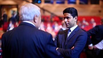 ISTANBUL, TURKIYE- AUGUST 25: Nasser Al-Khelaifi, Chairman and CEO of Paris Saint-Germain is seen prior to the UEFA Champions League 2022/23 Group Stage Draw at Halic Congress Centre on August 25, 2022 in Istanbul, Turkiye. (Photo by Lukas Schulze - UEFA/UEFA via Getty Images)