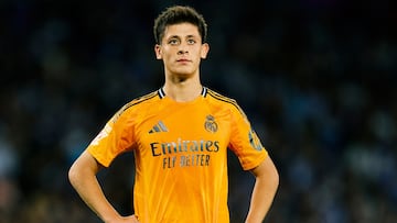 SAN SEBASTIAN, SPAIN - SEPTEMBER 14: Arda Guler of Real Madrid CF looks on during the LaLiga EA Sports match between Real Sociedad and Real Madrid CF at Reale Arena on September 14, 2024 in San Sebastian, Spain. (Photo by Ion Alcoba Beitia/Getty Images)