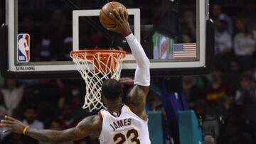 Mar 28, 2018; Charlotte, NC, USA; Cleveland Cavaliers forward LeBron James (23) moves to the basket and dunks the ball during the second half against the Charlotte Hornets at the Spectrum Center. The Cavaliers won 118-105. Mandatory Credit: Sam Sharpe-US