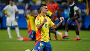 Colombia's midfielder #10 James Rodriguez celebrates his team's win of the Conmebol 2024 Copa America tournament semi-final football match between Uruguay and Colombia at Bank of America Stadium, in Charlotte, North Caroline on July 10, 2024. (Photo by TIMOTHY A. CLARY / AFP)
