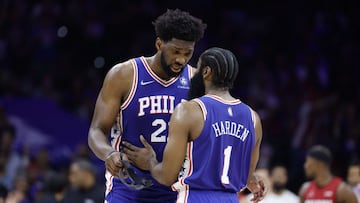 Joel Embiid (left) and James Harden in action for the Philadelphia 76ers.