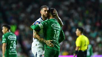 Sergio Ramos of Monterrey and James Rodriguez of Leon during the 17th round match between Leon and Monterrey as part of the Liga BBVA MX, Torneo Clausura 2025 at Nou Camp Leon Stadium, on April 20, 2025 in Leon, Guanajuato, Mexico.