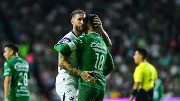 Sergio Ramos of Monterrey and James Rodriguez of Leon during the 17th round match between Leon and Monterrey as part of the Liga BBVA MX, Torneo Clausura 2025 at Nou Camp Leon Stadium, on April 20, 2025 in Leon, Guanajuato, Mexico.