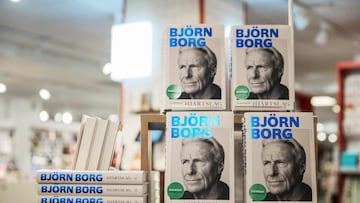 Some copies of Swedish tennis legend Bj�rn Borg's autobiography titled "Heartbeats" are for sale in Stockholm, Sweden, after the book was released on September 18, 2025. (Photo by Caisa RASMUSSEN / TT NEWS AGENCY / AFP) / Sweden OUT