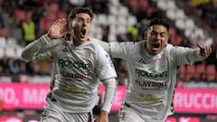 Necaxa's Jose Paradela (L) celebrates scoring his team's third goal with teammate Ricardo Montreal during the Mexican Clausura tournament football match between Tijuana and Necaxa at Caliente stadium in Tijuana, Baja California state, Mexico, on April 5, 2024. (Photo by Guillermo Arias / AFP)