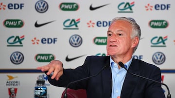 French national football team coach Didier Deschamps gives a press conference in Paris on May 18, 2017, to announce his squad for the World Cup 2018 qualifiers against Sweden on June 9, and friendly football match against Paraguay and England on June 2 and 13. / AFP PHOTO / FRANCK FIFE