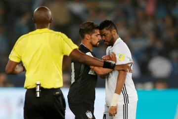 Soccer Football - FIFA Club World Cup Third Place Match - Al Jazira vs CF Pachuca - Zayed Sports City Stadium, Abu Dhabi, United Arab Emirates - December 16, 2017   Pachuca's Franco Jara clashes with Al Jazira’s Fares Juma        REUTERS/Amr Abdallah Dalsh