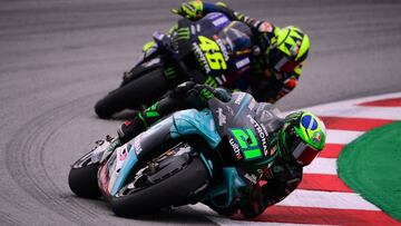 Petronas Yamaha SRT&#039; Italian rider Franco Morbidelli (FRONT) and Monster Energy Yamaha&#039;s Italian rider Valentino Rossi compete during the MotoGP race of the Moto Grand Prix de Catalunya at the Circuit de Catalunya on September 27, 2020 in Montme