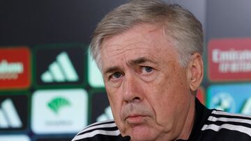 MADRID, 26/05/2023.- El entrenador del Real Madrid, Carlo Ancelotti, da una rueda de prensa tras dirigir un entrenamiento del equipo en Valdebebas este viernes para preparar su partido de la 37ª jornada de LaLiga Santander contra el Sevilla. EFE/ J.J. Guillén
