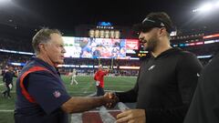 FOXBOROUGH, MASSACHUSETTS - SEPTEMBER 10: Head coach Bill Belichick of the New England Patriots and head coach Nick Sirianni of the Philadelphia Eagles shake hands after Philadelphia's 25-20 winat Gillette Stadium on September 10, 2023 in Foxborough, Massachusetts.   Adam Glanzman/Getty Images/AFP (Photo by Adam Glanzman / GETTY IMAGES NORTH AMERICA / Getty Images via AFP)