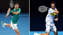 (COMBO) This combination photo created on February 19, 2021 shows Serbia's Novak Djokovic hitting a return during his men's singles quarter-final match at the Australian Open tennis tournament in Melbourne on February 16, 2021 (L) and Russia's Daniil Medv