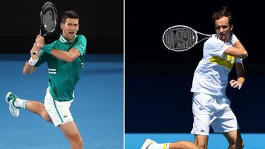(COMBO) This combination photo created on February 19, 2021 shows Serbia's Novak Djokovic hitting a return during his men's singles quarter-final match at the Australian Open tennis tournament in Melbourne on February 16, 2021 (L) and Russia's Daniil Medv