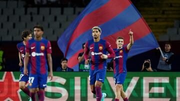 Barcelona's Spanish midfielder #32 Fermin Lopez celebrates scoring his team's second goal during the UEFA Champions League 1st round Group H football match between FC Barcelona and Shakhtar Donetsk at the Estadi Olimpic Lluis Companys in Barcelona on October 25, 2023. (Photo by Pau BARRENA / AFP)