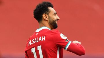 Soccer Football - Premier League - Liverpool v Leeds United - Anfield, Liverpool, Britain - September 12, 2020 Liverpool&#039;s Mohamed Salah celebrates scoring their first goal. Pool via REUTERS/Paul Ellis EDITORIAL USE ONLY. No use with unauthorized aud