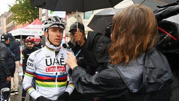 VARESE, ITALY - OCTOBER 08: Tadej Pogacar of Slovenia and Team UAE Team Emirates spoke to the media after the suspension of the race due to adverse weather conditions during the 103rd Tre Valli Varesine 2024 a 168km one day race from Busto Arsizio to Varese 377m / Race shortened due to adverse weather conditions / on October 08, 2024 in Varese, Italy. (Photo by Dario Belingheri/Getty Images)