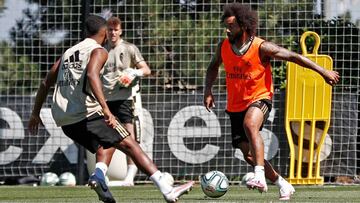Marcelo, durante el entrenamiento del Real Madrid previo al partido de la 33ª jornada de LaLiga Santander contra el Getafe.