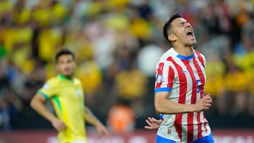 Jun 28, 2024; Las Vegas, NV, USA; Paraguay defender Fabian Balbuena (5) reacts to a missed goal against Brazil during the second half at Allegiant Stadium. Mandatory Credit: Lucas Peltier-USA TODAY Sports