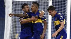 BUENOS AIRES, ARGENTINA - DECEMBER 23: Sebasti&aacute;n Villa of Boca Juniors celebrates with teammates after scoring the the second goal of his team during a quarter final second leg match of Copa CONMEBOL Libertadores 2020 between Boca Juniors and Racing Club at Estadio Alberto J. Armando on December 23, 2020 in Buenos Aires, Argentina. (Photo by Juan Mabromata-Pool/Getty Images)