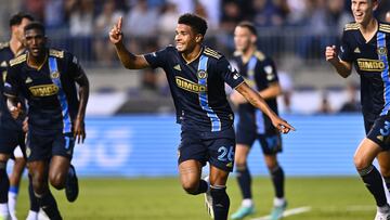 Jul 26, 2023; Chester, PA, USA; Philadelphia Union defender Nathan Harriel (26) celebrates after scoring a goal against Queretaro in the first half at Subaru Park. Mandatory Credit: Kyle Ross-USA TODAY Sports