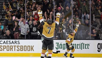LAS VEGAS, NEVADA - MAY 21: Jonathan Marchessault #81 of the Vegas Golden Knights celebrates a goal against the Dallas Stars during the third period in Game Two of the Western Conference Final of the 2023 Stanley Cup Playoffs at T-Mobile Arena on May 21, 2023 in Las Vegas, Nevada. Ethan Miller/Getty Images/AFP (Photo by Ethan Miller / GETTY IMAGES NORTH AMERICA / Getty Images via AFP)