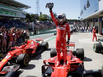 Formula One F1 - Brazilian Grand Prix 2017 - Sao Paulo, Brazil - November 12, 2017  Ferrari&#039;s Sebastian Vettel celebrates winning the race  REUTERS/Ueslei Marcelino