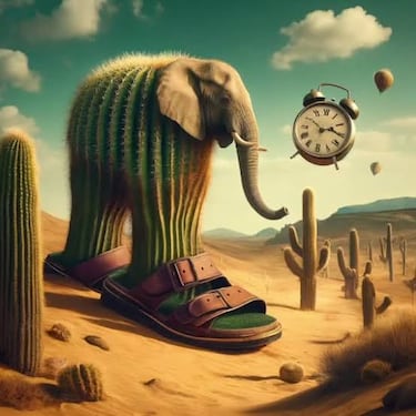 Representa un elefante cactus con dos patas y sandalias.