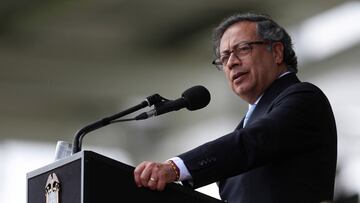 Colombia's President Gustavo Petro speaks during the ceremony for the new Director of Police, General William Rene Salamanca (not pictured), at the General Santander Police School in Bogota, Colombia May 9, 2023. REUTERS/Luisa Gonzalez