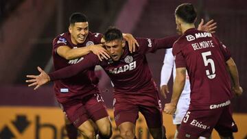 Argentina's Lanus Diego Braghieri celebrates after scoring a goal against Venezuela's Metropolitanos during their Copa Sudamericana group stage football match at the Ciudad de Lanus stadium, in Lanus, Buenos Aires Province, Argentina, on May 25, 2022. (Photo by Luis ROBAYO / AFP) (Photo by LUIS ROBAYO/AFP via Getty Images)