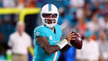 MIAMI GARDENS, FLORIDA - OCTOBER 30: Tua Tagovailoa #1 of the Miami Dolphins looks to throw a pass against the Baltimore Ravens during the first quarter in the game at Hard Rock Stadium on October 30, 2025 in Miami Gardens, Florida. Megan Briggs/Getty Images/AFP (Photo by Megan Briggs / GETTY IMAGES NORTH AMERICA / Getty Images via AFP)