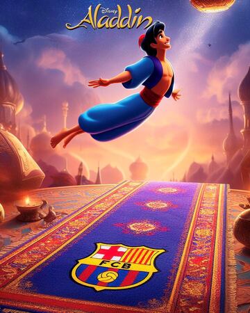 El personaje vuela hacia una l¨¢mpara m¨¢gica y deja en el suelo una alfombra, inspirada en la alfombra m¨¢gica de la pel¨ªcula, con el escudo del FC Barcelona.