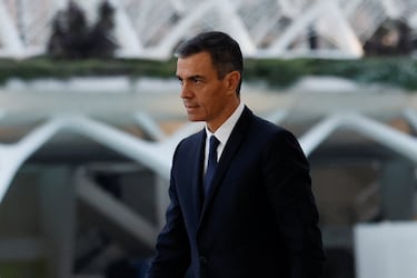 El presidente del Gobierno español, Pedro Sánchez, llega al funeral de Estado en memoria de las víctimas de las inundaciones ocurridas en Valencia hace un año,.