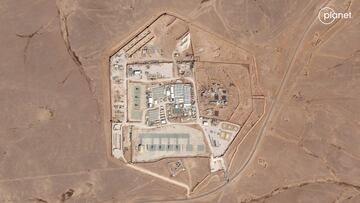 FILE PHOTO: Satellite view of the U.S. military outpost known as Tower 22, in Rukban, Rwaished District, Jordan October 12, 2023 in this handout image. Planet Labs PBC/Handout via REUTERS    THIS IMAGE HAS BEEN SUPPLIED BY A THIRD PARTY. MUST NOT OBSCURE LOGO. NO RESALES. NO ARCHIVES. MANDATORY CREDIT/File Photo