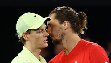 Tennis - Australian Open - Melbourne Park, Melbourne, Australia - January 26, 2025 Italy's Jannik Sinner embraces Germany's Alexander Zverev after winning the final REUTERS/Edgar Su