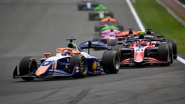 SPA, BELGIUM - JULY 26: Sebastian Montoya of Colombia and PREMA Racing (9) leads Max Esterson of United States and Trident (23) on track during the Round 9 Spa-Francorchamps Sprint race of the Formula 2 Championship at Circuit de Spa-Francorchamps on July 26, 2025 in Spa, Belgium. (Photo by James Sutton - Formula 1/Formula Motorsport Limited via Getty Images)