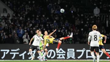 OSAKA, JAPAN - MARCH 28: Rafael Santos Borre of Colombia scores the team's second goal with an overhead kick during the international friendly between Japan and Colombia at Yodoko Sakura Stadium on March 28, 2023 in Osaka, Japan. (Photo by Koji Watanabe/Getty Images)