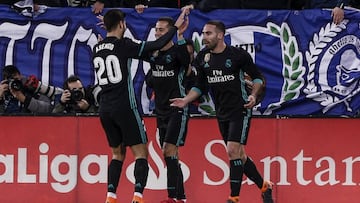 Lucas Vazquez (Real Madrid) celebrates his goal which made it (1,1) La Liga match between Leganes FC vs Real Madrid at the Municipal de Butarque stadium in Madrid, Spain, February 21, 2018.