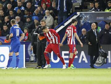 Juanfran (second right) is replaced by Lucas Hernández at the King Power Stadium.