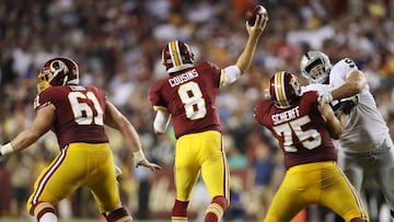 LANDOVER, MD - SEPTEMBER 24: Quarterback Kirk Cousins #8 of the Washington Redskins throws in the third quarter against the Oakland Raiders at FedExField on September 4, 2017 in Landover, Maryland.   Patrick Smith/Getty Images/AFP *** Local Caption **Kirk Cousins
 == FOR NEWSPAPERS, INTERNET, TELCOS &amp; TELEVISION USE ONLY ==