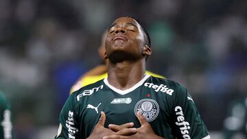 FILE PHOTO: Soccer Football - Brasileiro Championship - Palmeiras v Fortaleza -  Allianz Parque, Sao Paulo, Brazil - November 2, 2022 Palmeiras' Endrick celebrates scoring their fourth goal with team mates REUTERS/Amanda Perobelli/File Photo