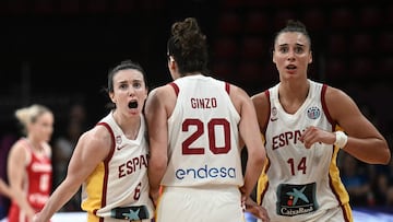 Spain's guard Aina Ayuso, centre Paula Ginzo and centre Raquel Carrera react during the FIBA Women's EuroBasket 2025 quarter-final match between Spain and Czech Republic at the Peace and Friendship Stadium in Piraeus near Athens on June 25, 2025.
