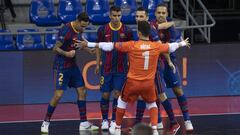 Los jugadores del Barcelona celebran un gol durante la final de la Champions League de f&uacute;tbol sala ante ElPozo Murcia.