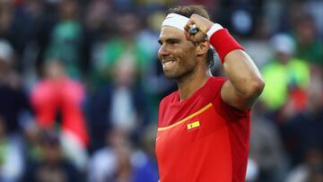 RIO DE JANEIRO, BRAZIL - AUGUST 12: Rafael Nadal of Spain celebrates match point against Thomaz Bellucci of Brazil in the Men's Singles Quarterfinal on Day 7 of the Rio 2016 Olympic Games at the Olympic Tennis Centre on August 12, 2016 in Rio de Janeiro, Brazil. (Photo by Clive Brunskill/Getty Images)