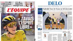 Portadas de L&#039;&Eacute;quipe y Delo del 21 de septiembre de 2020 con el triunfo de Tadej Pogacar en el Tour.