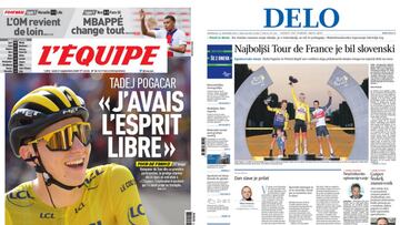 Portadas de L'Équipe y Delo del 21 de septiembre de 2020 con el triunfo de Tadej Pogacar en el Tour.